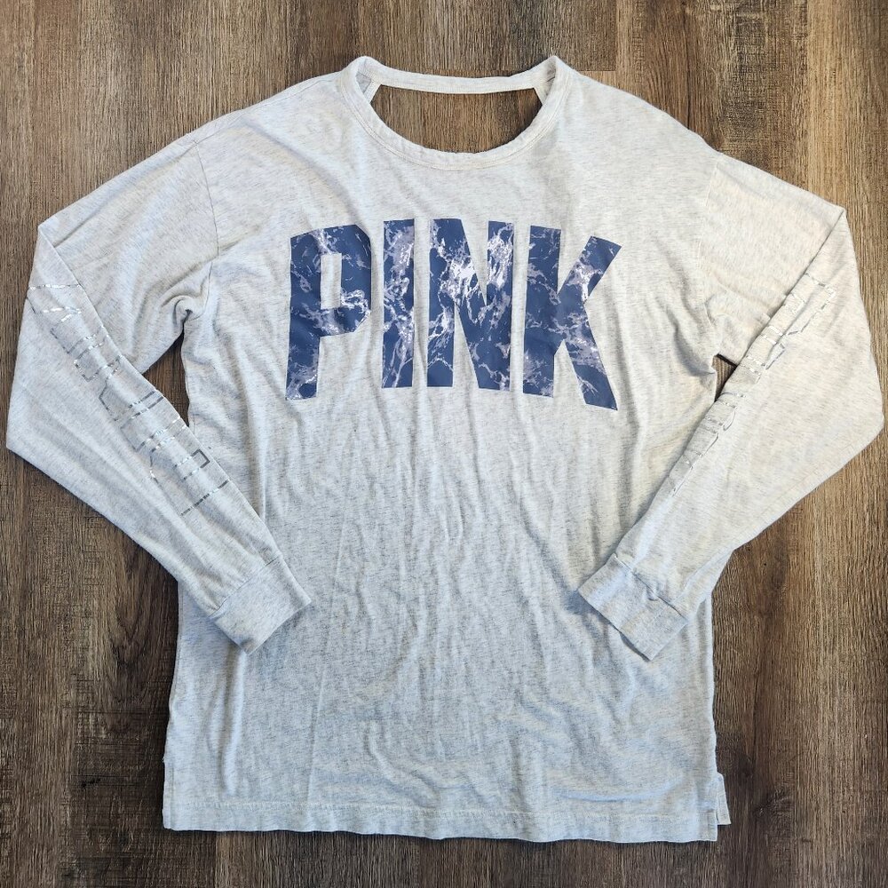 🤍🌊Victoria's Secret PINK Blue Marble Screenprint Open-Back Tee-S